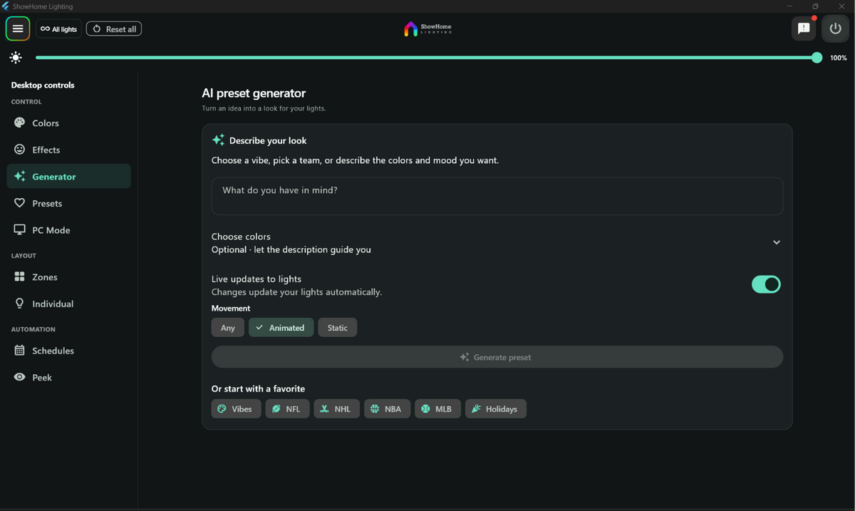 ShowHome Windows AI preset generator with a description field, colour options, movement choices and team and holiday categories