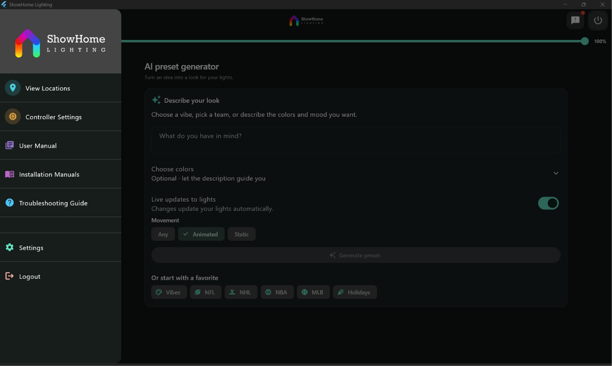 ShowHome Windows app menu with locations, controller settings, user and installation manuals, troubleshooting and settings