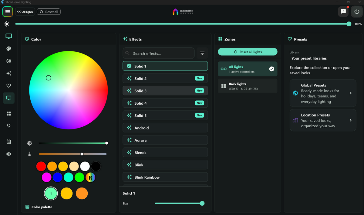 ShowHome Windows app in PC Mode with the colour wheel, effects, zones and preset libraries side by side